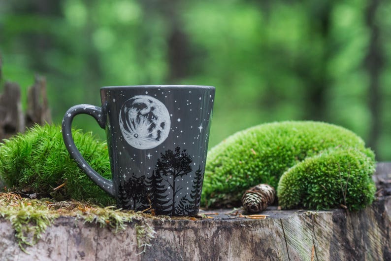 Personalized moon forest constellation mug, Full moon constellation mug, Hand painted crescent moon birthday mug gift, Starry night mug image 3