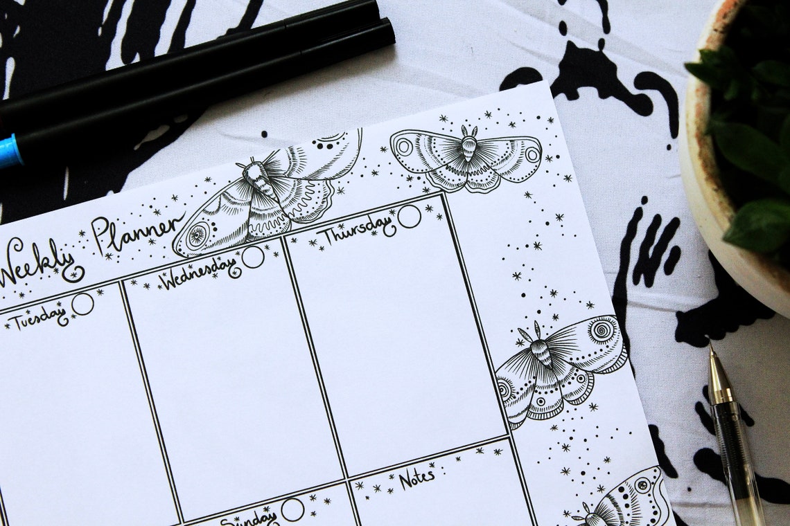 Printable Moth Weekly Planner Moth Daily Diary Coloring Moth - Etsy