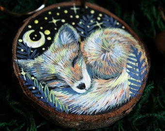 Fox Keychain, Wooden Slice Fox Pendant, Fox Keyring, Forest Animals Keychain, Hand-painted Charm, Whimsy Pendant, Mystic Gift, Magical Art