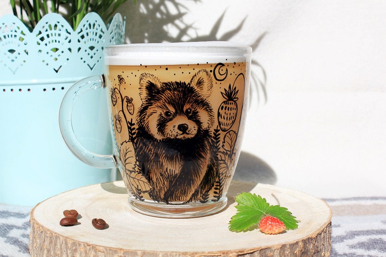 Red panda mug, Strawberry panda mug, Glass mug, Clear latte tea cup, Mothers day gift, Panda lover, Gift idea for her Valentines day gift image 1