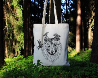 Wolf tote bag, Wolf cotton bag, Woodland animals, Eco earth fiendly grocery bag, Woodland Critter Beach Tote ,Book bag, Forest animals bag