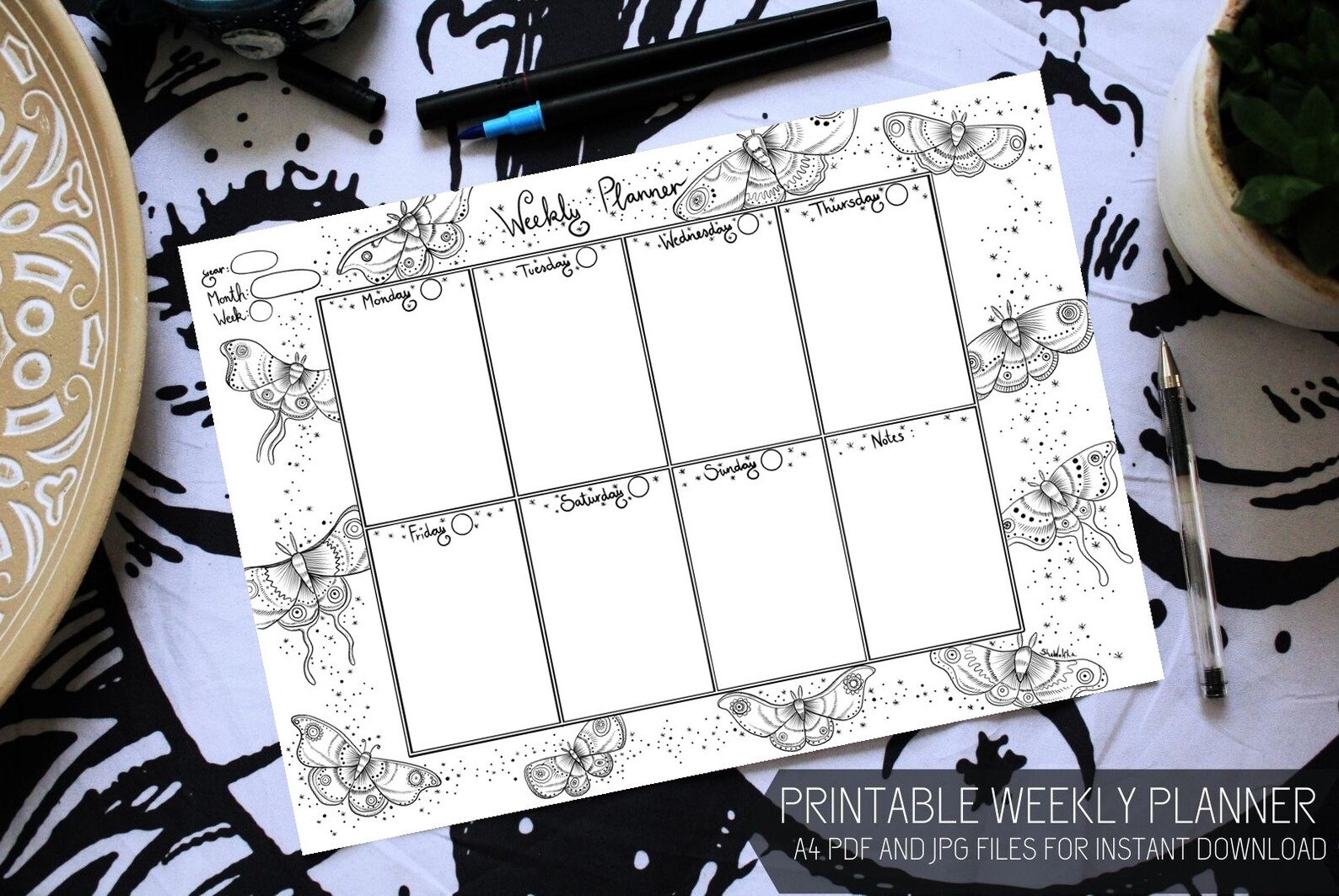 Printable Moth Weekly Planner Moth Daily Diary Coloring Moth - Etsy