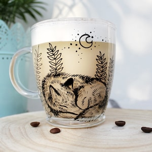Taza de lobo, Taza transparente, Taza con diseño de lobo, Regalo pintado a mano, Amantes de los lobos, Animales del bosque, Lobo durmiente, Taza de café con leche del bosque, Regalo de San Valentín