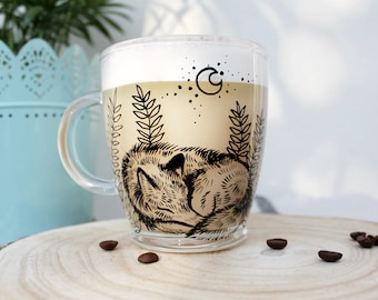 Wolf mug, Transparent mug, Wolfie cup, Handpainted gift, Wolf lovers, Forest animals, Sleeping wolf, Woodland latte mug, Valentines Day Gift