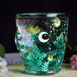 Firefly Glass Mug, Handpainted Fern Cup, Coffee Mug For Her, Fern Mug, Meadow Mug, Botanical Cup, Glass Mug, Latte Cup, Valentines Day Gift
