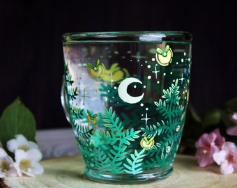 Firefly Glass Mug, Handpainted Fern Cup, Coffee Mug For Her, Fern Mug, Meadow Mug, Botanical Cup, Glass Mug, Latte Cup, Tea Lover Mug
