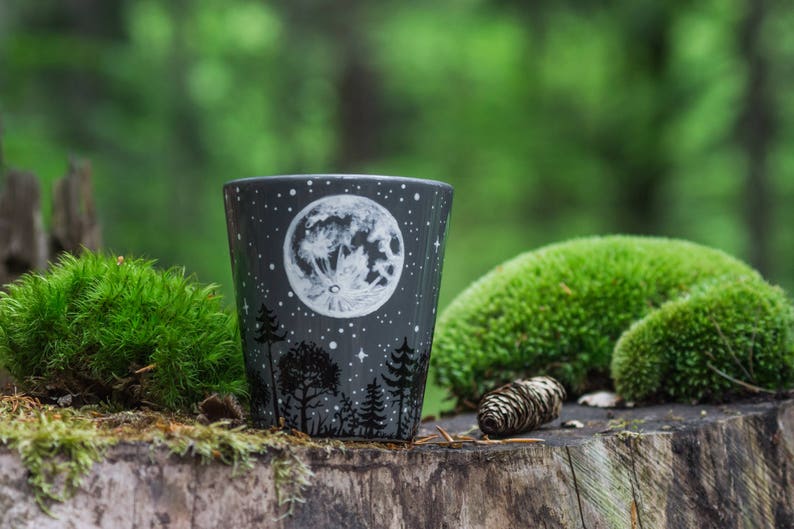 Personalized moon forest constellation mug, Full moon constellation mug, Hand painted crescent moon birthday mug gift, Starry night mug image 5
