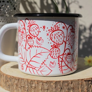 Strawberry mug, Handpainted Berry Cup, Camping Mug, Hiking Travel Dish, Unique Gift Idea, Summer Time, Fruit Art Mug, Granny Christmas Gift image 1