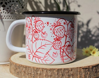 Strawberry mug, Handpainted Berry Cup, Camping Mug, Hiking Travel Dish, Unique Gift Idea, Summer Time, Fruit Art Mug, Granny Christmas Gift