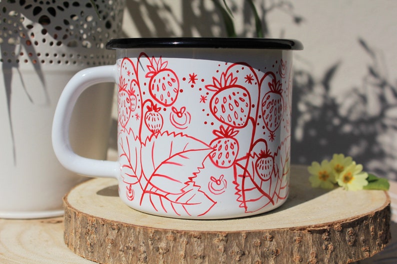 Strawberry mug, Handpainted Berry Cup, Camping Mug, Hiking Travel Dish, Unique Gift Idea, Summer Time, Fruit Art Mug, Granny Christmas Gift image 1