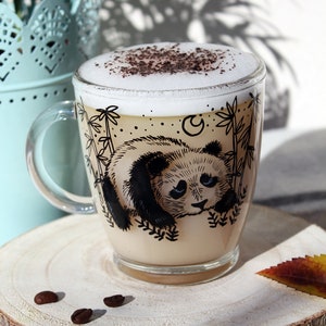 Panda glass mug, Panda inspired art, Glass coffee mug, Transparent tea cup, Bamboo illustration, Asia cup, Gift idea for her him, Valentines image 4
