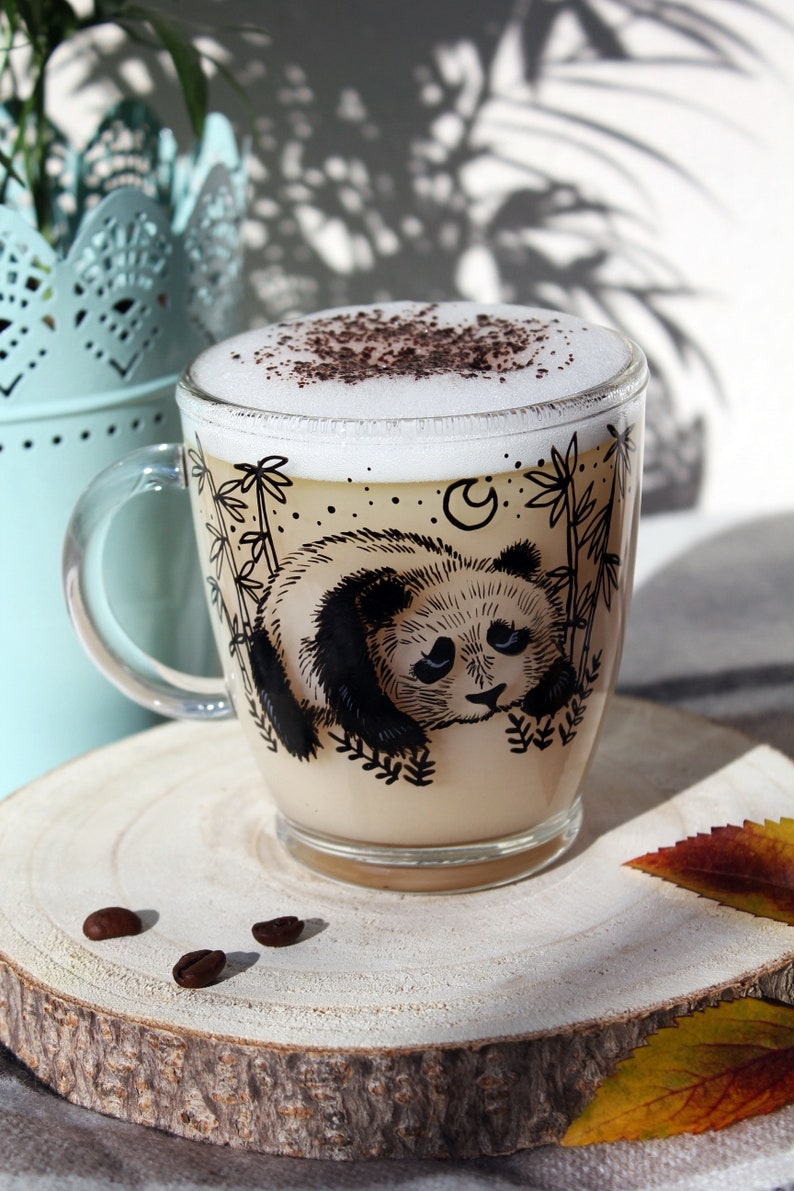 Panda glass mug, Panda inspired art, Glass coffee mug, Transparent tea cup, Bamboo illustration, Asia cup, Gift idea for her him, Valentines image 4