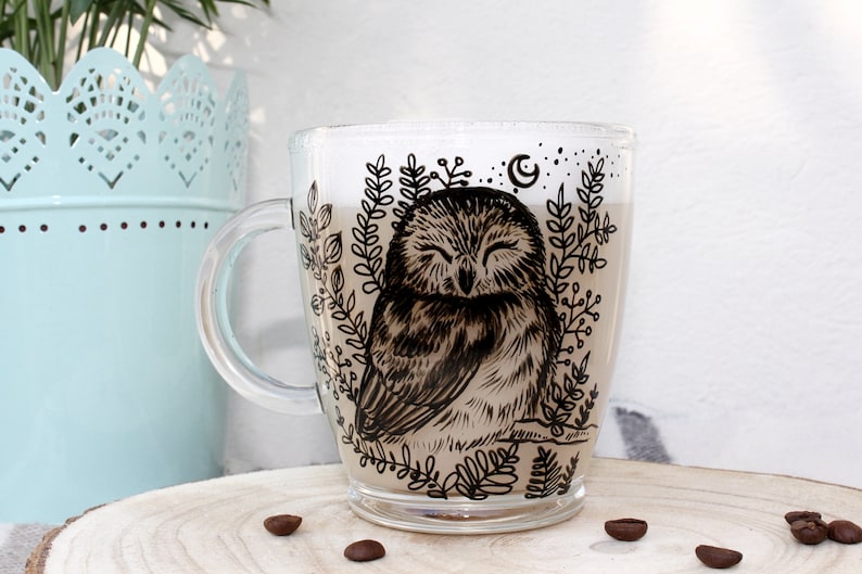 Owl Mug Glass Tea Cup Owl Art Handpainted Bird Etsy