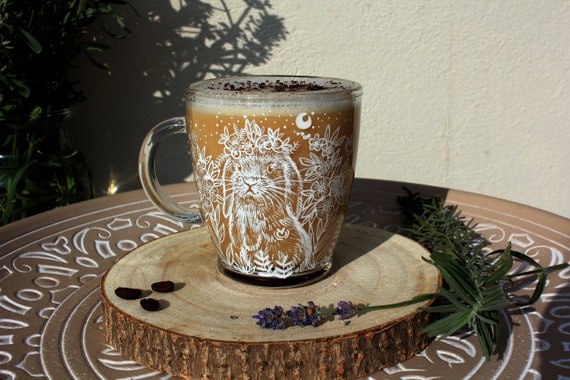 Flower crown bunny mug, Forget me not glass mug, Clear cup, Transparent latte cup, Flower power coffee mug, Rabbit hare cup, Christmas Mug