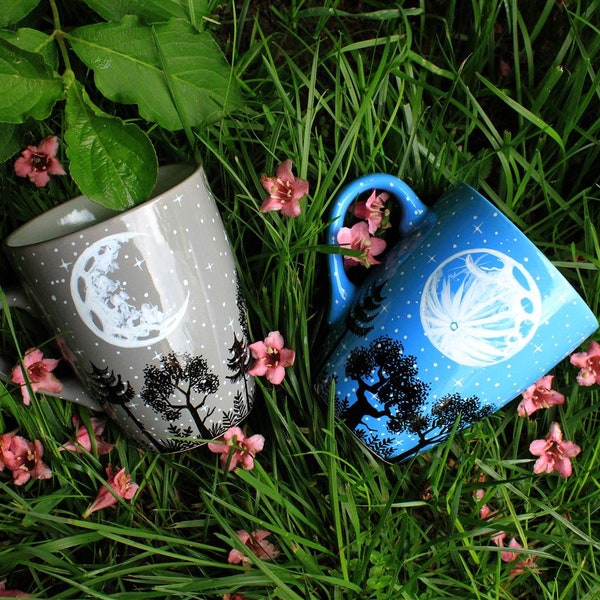 Personalized moon forest constellation mug, Full moon constellation mug, Hand painted crescent moon birthday mug gift, Starry night mug