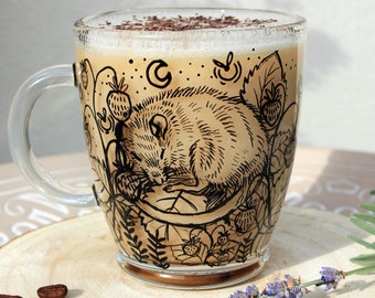 Rat mug, Glass latte mug, Strawberry rat tea cup, Handpainted animal mug, Pet mug, Cute fruit cup, Christmas Gift, Gift for him, Rodent mug