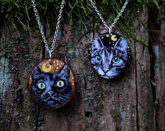 Cat pendant, Custom Cat portrait necklace, Cat mom, Cat dad, Cat lovers gift, Moon and stars, Wooden pendant, Handpainted jewlery, Pet loss
