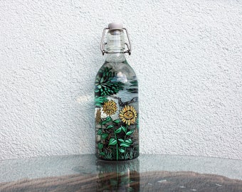 Sunflower glass water bottle, Flower garden, Meadow illustration, Mouse bottle, Nature tree art, Yellow flowers, Kitchen design home decor,