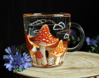 Orange Mushroom Mug, Amanita Glass Cup, Fairy Enchanted Mug, Latte Cup, Witchy Decor, Yoga Mug, Autumn Vibes, Christmas Gift Ideas