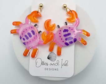 Crab earrings | Acrylic | Ocean | Colorful | Painted | Bright | Lightweight | Statement | Fun | Unique