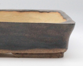 Bonsai pot, unique handmade ceramic, rectangle in unique blue-bronze glaze