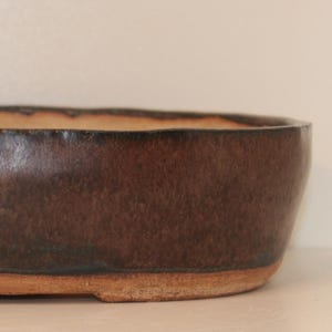 Könnte beinhalten: Ein brauner ovaler Bonsai-Topf aus Keramik mit einem hellbraunen Rand und einer strukturierten Oberfläche.