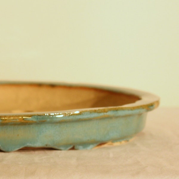 Bonsai pot, unique handmade ceramic, large shallow rectangle with blue glaze