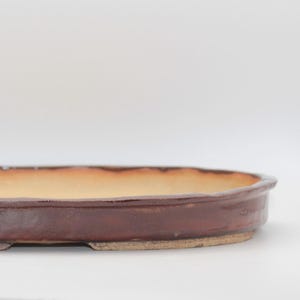 Puede incluir: Una maceta de bonsái baja, de forma ovalada. El exterior es de un color marrón rojizo oscuro, mientras que el interior es de color beige claro. La maceta tiene un diseño sencillo y sin adornos, con un borde ligeramente elevado y una base plana. La maceta es de cerámica.