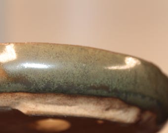 Bonsai pot, unique handmade ceramic, small rounded oval in green glaze