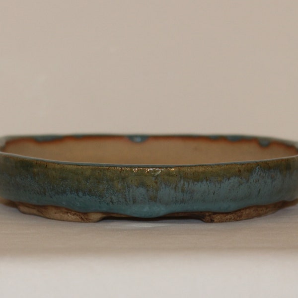 Bonsai pot, unique handmade ceramic, small rounded shallow oval in blue glaze