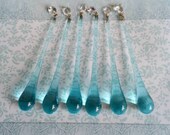 Long Blue Glass Chandelier Drops, Set of Six Hand Blown Glass Droplets with Vintage Crystal Prisms, Christmas Decoration,