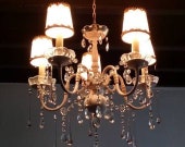 Pink Chandelier with Glass Drops and Swags of Crystal Prisms, One of a Kind French Chic Lighting