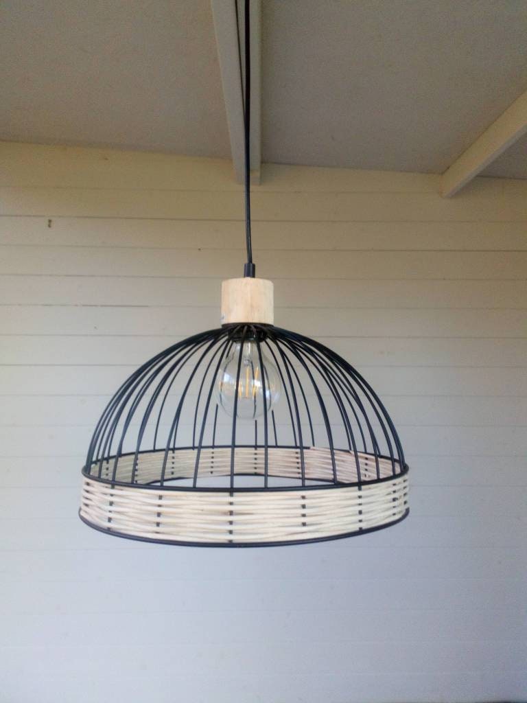 Black Metal Cage Pendentif Light avec Bois et Corbeille, Ferme Moderne