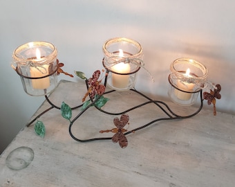 Upcycled Toleware Candleholder with French Glass Jam Jars for Three Voive Candles or Tealight, Table Centrepiece with Butterflies and Leaves