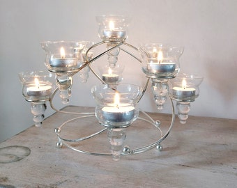 Candelabro per tea light con tazze per candele in vetro trasparente per nove fiamme, adatto per uso interno o esterno, arte da tavolo vintage degli anni '90