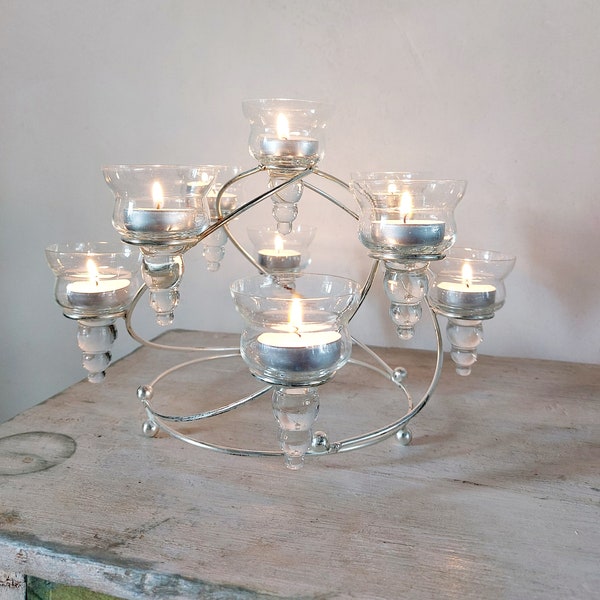 Tea Light Candelabra with Clear Glass Candle Cups for Nine Flames Suitable for Indoor or Outdoor Dining Use, 1990s Vintage Table Art