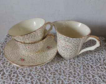 カフェオレカップ、ソーサー、クリーマーセット。ヴィンテージフレンチ「You and Me」