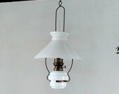 Farmhouse Lantern, French Vintage Restored Hanging Oil Lamp with Large White Opaline Shade