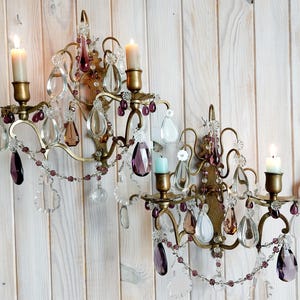 Antique Crystal Candle Sconces with Purple and Coloured Drops, Pair French Brass Candlelights for Four Taper Candles