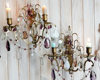 Antique French Brass Crystal Candle Sconces: Purple Glass Drops, Pair