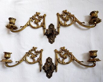 Pair Brass Piano Sconces with Two Folding Arms, French Antique Candle Holders