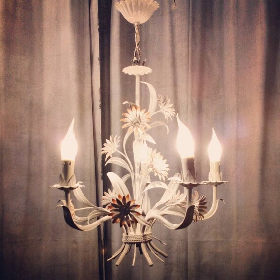 Small toleware chandelier with blue flowers Small toleware chandelier with blue flowers