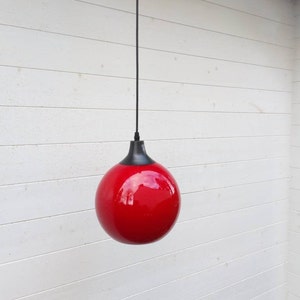 Space Age Ceiling Globes in Tomato Red, Two Available, Opaline Lighting, French Vintage 1970s with New Wiring
