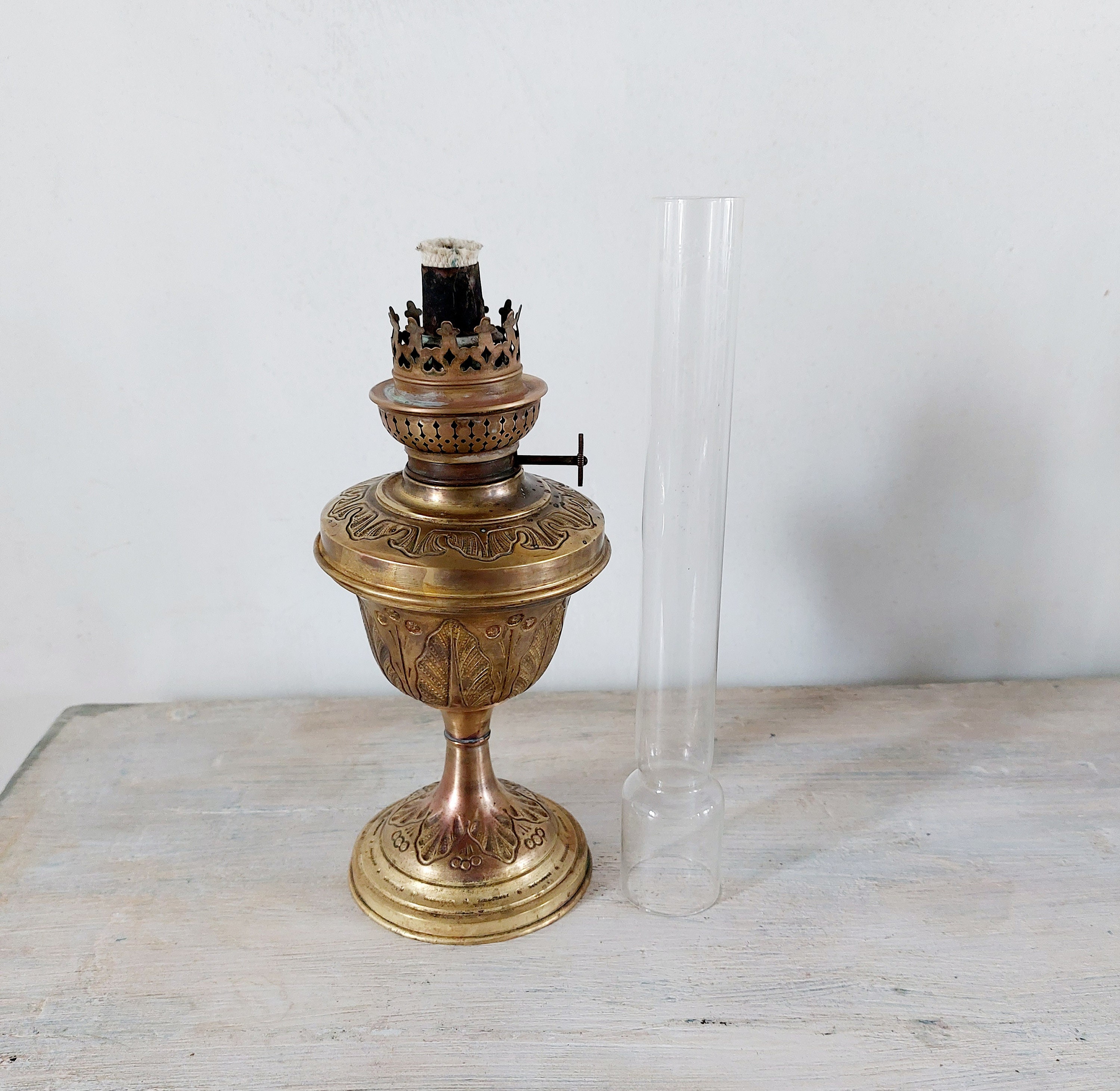 Vintage Brass Small Oil Lamp, French Kerosene Lantern Restored