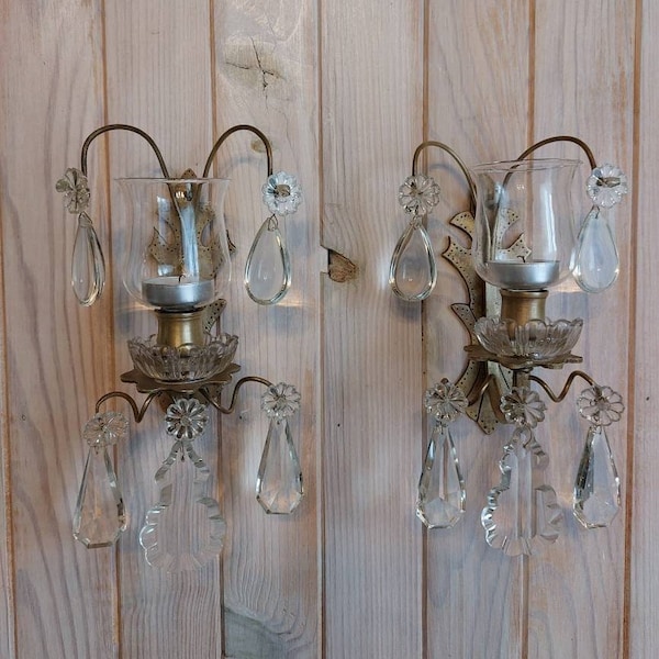 Antique Candle Sconces Pair in Crystal and Brass for Use with Taper Candles or Votive Candle Cups, French Chic Home Deor Wall Lights