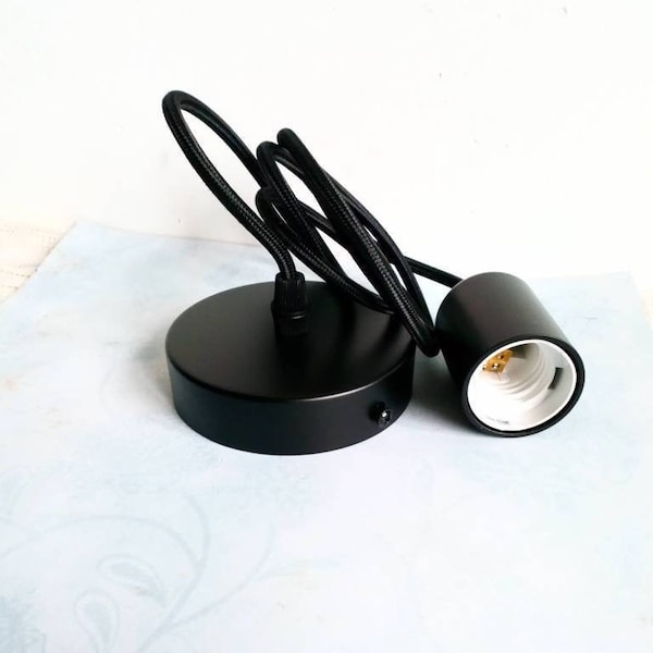 Pendelleuchte Befestigungsset, Schwarzes Metall E27 Lampenfassung mit Baldachin und Kabelsatz, Langes Kabel