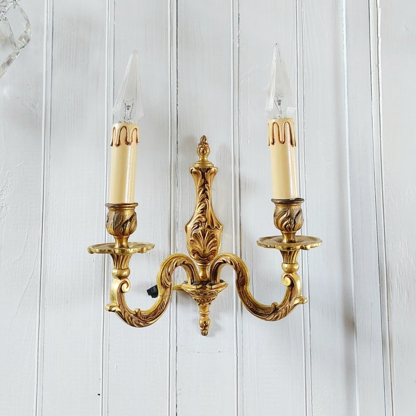 Brass Lighting Sconce with Two Candle Lamps, Vintage French Decor Wall Light