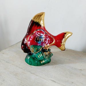 Red Fish Lamp 1960s Decor, Mid Century Vintage Valauris Signed Underwater Scene Nightlight, French Kitsch Gift