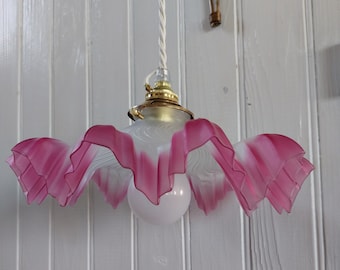 Vintage French Chic Ceiling Lamp in Frosted Glass with Red Frilly Edge