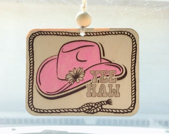 Pink Cowgirl Hat Car Charm Yea Haw Rearview Mirror Charm Pink Car Accessory Cowgirl Hat Car Hanger  Country Girl Car Accessories